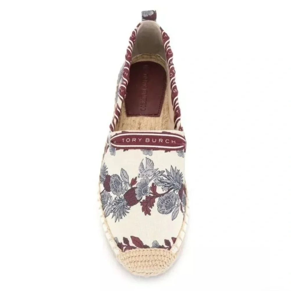 TORY BURCH Grosgrain Whipstitch Floral Imperial Garnet Espadrilles Flat,Sz 7,NIB